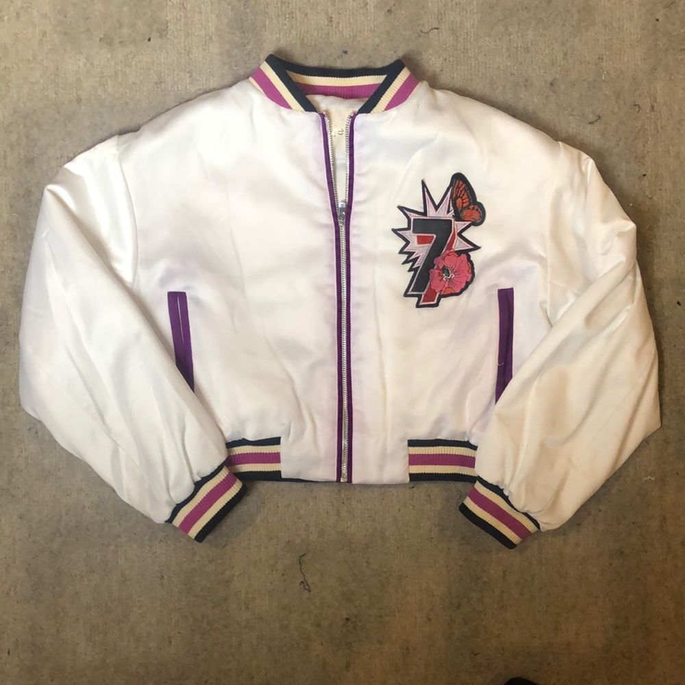 Maje Peacock Embroidered White Satin Bomber/Varsity Jacket | Size 36